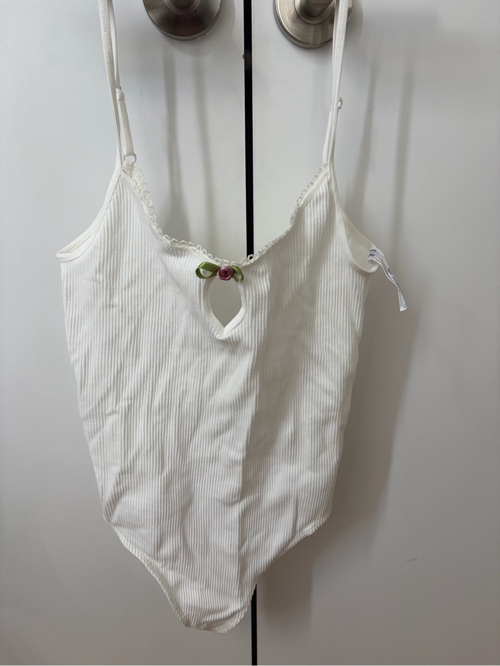 Urban Outfitters White Ribbed Lace-Trim Cami Bodysuit with Rose Accent